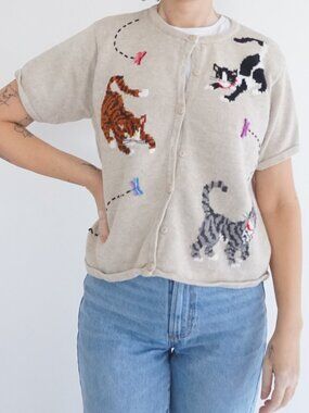 Vintage Marisa Christina Beige Cat Kitten Animal Linen Cotton Knit Cardigan M